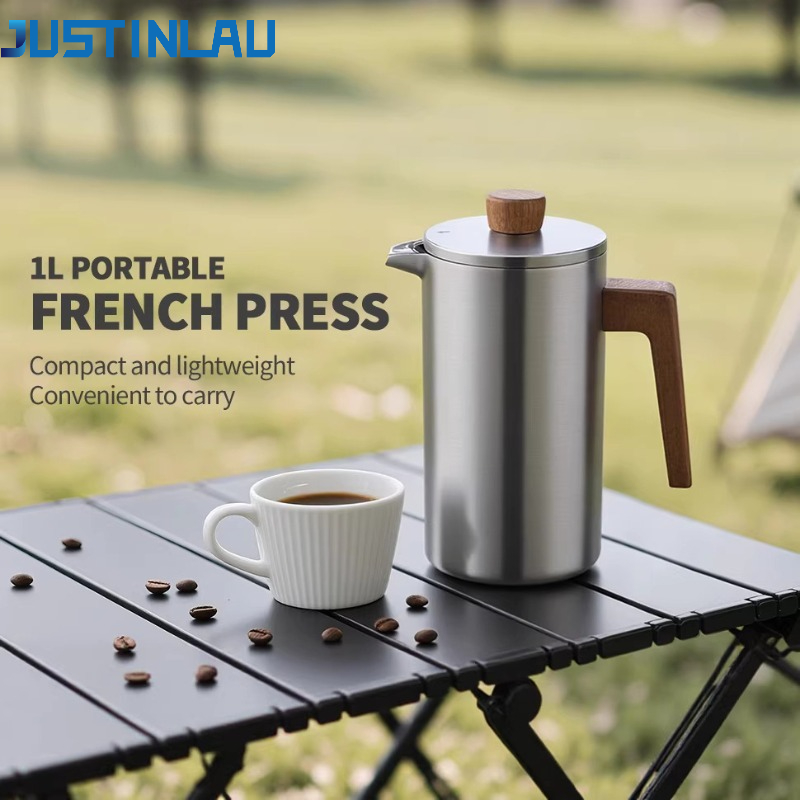 French Press Coffee & Tea - หม้อเฟรนช์เพรสสแตนเลส JUSTINLAU ขนาด 1000 มล. พร้อมด้ามจับไม้และมาตรวัด